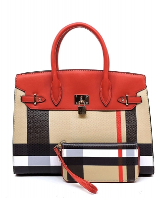 Plaid Check Print Pad-lock 2-in-1 Satchel BT2699 RED